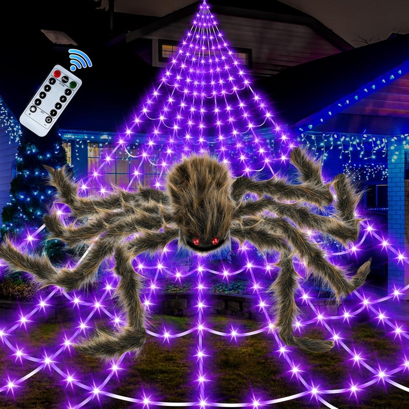 Seifar Halloween Spider Web Lights Giant Spider, 16.4Ft 450 LED Lighted Spider Web with with 8 Lighting Modes Waterproof & Timer for Indoor Outdoor House Haunted Yard Decor, Purple - Image 1